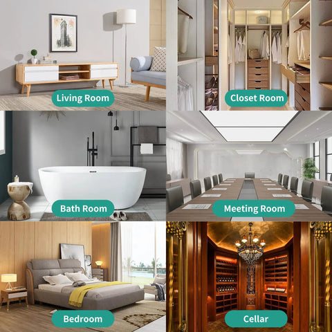 A collage of home spaces, including living room, closet room, bath room, meeting room, bedroom, and cellar with labels.