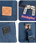 Close-up of navy under-seat personal item duffle bag 17x13x8 inches showing details like zippers and straps for travel convenience.