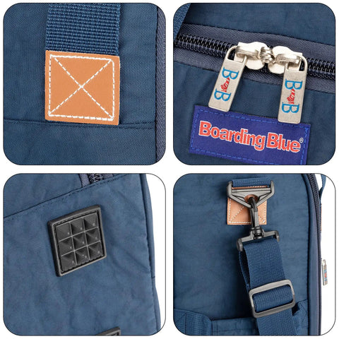Close-up of navy under-seat personal item duffle bag 17x13x8 inches showing details like zippers and straps for travel convenience.