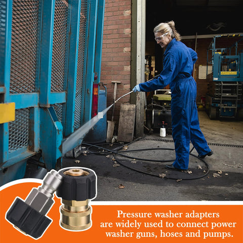 JOEJET pressure washer coupler, M22 14mm to 3/8 inch quick-connect; brass and black metal adapter.