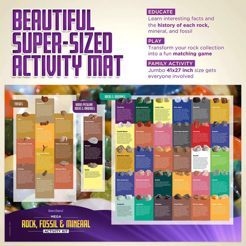 Awesome Kids Rock Collection Kit With 250 Plus Rocks Gemstones Crystals Fossils And Minerals Two Pounds Geology STEM Set For Learning Exploration And Hands On Science Gifts For Boys And Girls Ages Six And Up, jumbo 41x27 inch activity mat