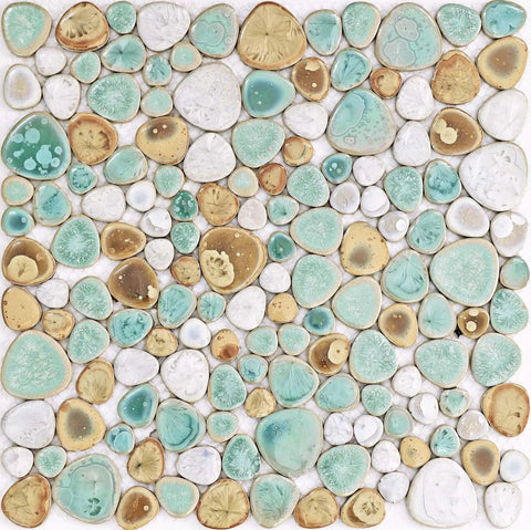 Pebble Porcelain Mosaic Tile Set Dope Glossy Aqua Cream Coffee Mix For Bathroom Walls Shower Floors Spa Decor Glass Ceramic Accent Tiles Water Resistant And Easy To Install Six Square Feet