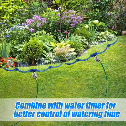Two Pack 360 Degree Tree Water Sprinkler Ring Kit Adjustable Root Irrigation in a garden with lush plants