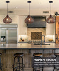 Handwoven Rattan Pendant Light With Wicker Shade Ceiling Fixture For Hallways And Islands Diameter 13.8 Inches 12W 2700K LED Corn Bulb Included Warm Glow Farmhouse Style Great For Dining Rooms Living Rooms Modern Rustic Homes Cozy Farmhouse Vibes over kitchen island