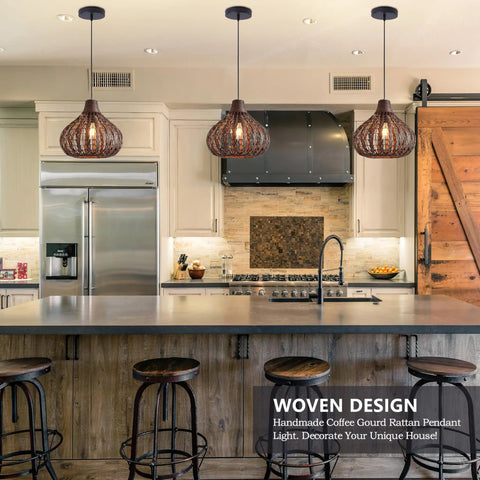 Handwoven Rattan Pendant Light With Wicker Shade Ceiling Fixture For Hallways And Islands Diameter 13.8 Inches 12W 2700K LED Corn Bulb Included Warm Glow Farmhouse Style Great For Dining Rooms Living Rooms Modern Rustic Homes Cozy Farmhouse Vibes over kitchen island