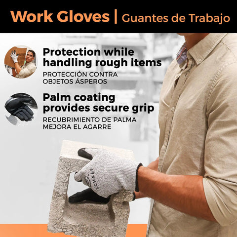 Man wearing Wood Carving Gloves No Nonsense Hand Protection Heavy Duty Level 5 Cut Resistant Work Gloves holding concrete block.