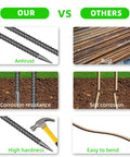 Comparison of Heavy Duty 24 Inch Galvanized Steel Ground Stakes, showing antirust, corrosion resistance, and high hardness features.