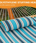 Close-up of Sunbrella Fabric Hammock With 13 Ft Wood Arc Stand For Two People Outdoor Patio Setup All Weather Fade Resistant, 450 Lb Capacity, Free Pillow Included, showing striped pattern and included pillow.