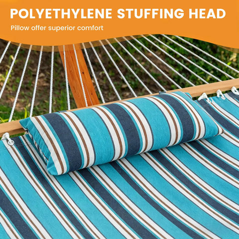 Close-up of Sunbrella Fabric Hammock With 13 Ft Wood Arc Stand For Two People Outdoor Patio Setup All Weather Fade Resistant, 450 Lb Capacity, Free Pillow Included, showing striped pattern and included pillow.