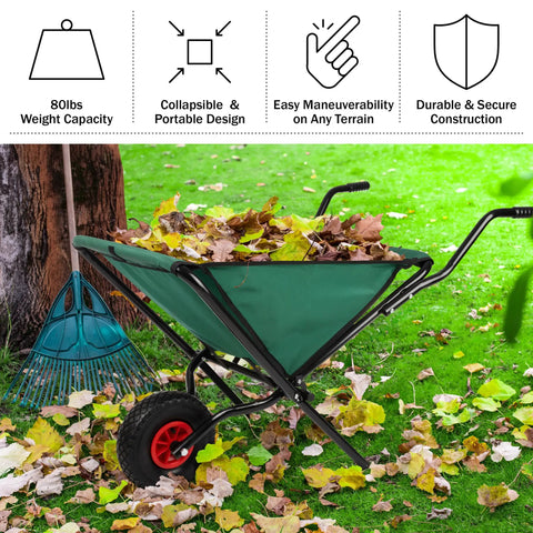 Folding Wheelbarrow With Collapsible Garden Cart For Lawn Care, 80Lb Capacity, filled with leaves, near a rake on grass.