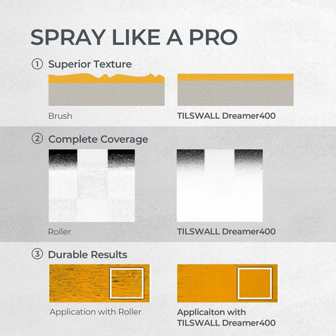 Comparative results of spray quality using TILS WALL Dreamer400 versus brush and roller for cabinet and wall painting.