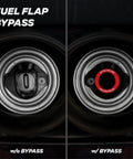 AutoLine Pro gas cap adapter for EVAP leak testing; left shows no bypass, right shows red bypass ring installed