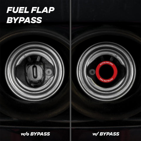 AutoLine Pro gas cap adapter for EVAP leak testing; left shows no bypass, right shows red bypass ring installed