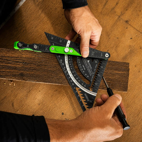 Precision Aluminum 7 Inch Rafter Square With Locking Pivot Arm And Angle Finder Featuring Three Level Vials in use on wood.