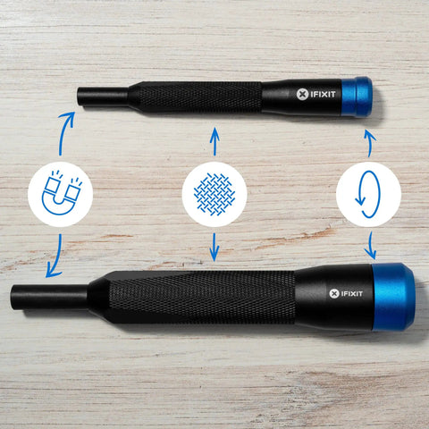 Close-up of Manta Driver Kit knurled grips and swivel tops, showcasing magnetic feature and durable texture on a wooden surface.