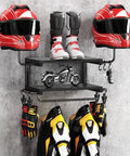 2-Tier Motorcycle Helmet Wall Mount Rack With Hat Stands displaying helmets, gloves, jackets, keys, and mini bike model in black finish.