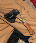 Sportsmans Axe 14 Inch USA Made Camping Hatchet with Forged Steel Blade and Genuine Leather Grip in sheath on person