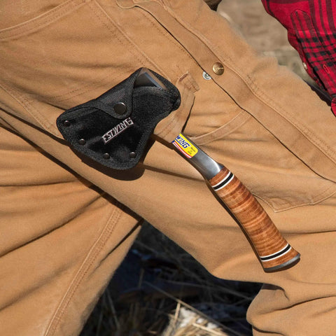 Sportsmans Axe 14 Inch USA Made Camping Hatchet with Forged Steel Blade and Genuine Leather Grip in sheath on person