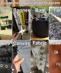 Customer application diagram of Grommet Tool Kit 500 Piece Set with 3/8 inch grommets on flag, banner, bag, tarp, shoes, canvas, fabric, leather.