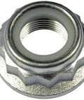 Close-up of a metallic nut part for Wheel Hub Assembly 930-800 Direct Replacement For Select Audi And Volkswagen Models Durable Long Lasting OEM Quality Hub