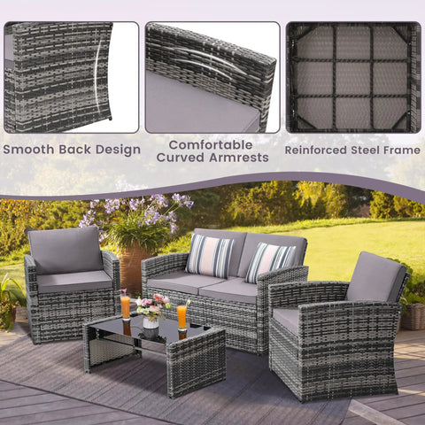 Four-Piece Outdoor Patio Furniture Set With Wicker Rattan Modular Sectional Sofa With Cozy Cushions And Glass Table