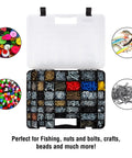 Portable Storage Case With Secure Locks And 55 Small Bin Compartments for hardware, beads, and more, shown open.