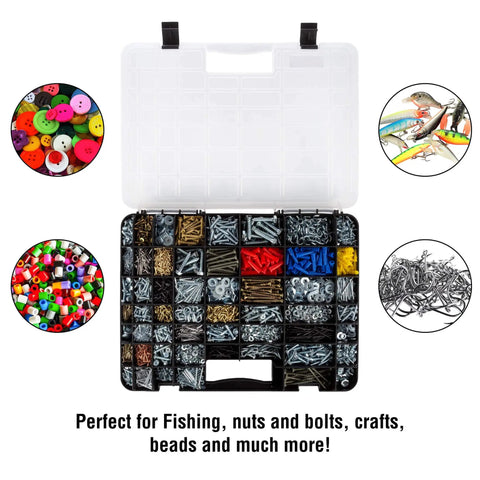 Portable Storage Case With Secure Locks And 55 Small Bin Compartments for hardware, beads, and more, shown open.
