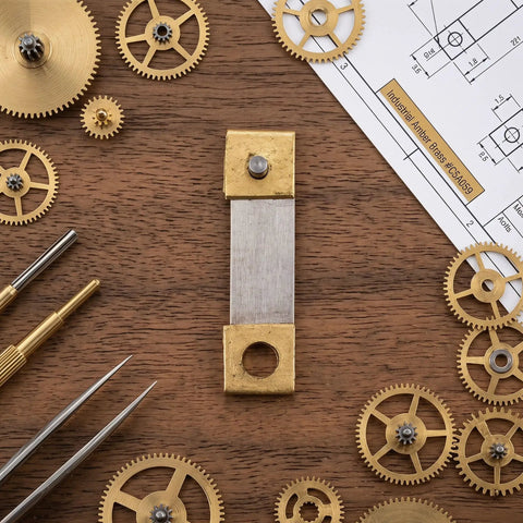 Old School Pendulum Suspension Spring Replacement Kit for Vintage Grandfather Clocks with gears on wooden surface