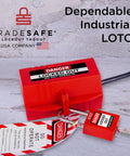 Industrial Grade Lockout Tagout Plug Lock For 110 To 125V Electrical Safety Boss Level Safety Nonconductive Polypropylene Lockout Device Fits Up To 1-3/4 Inch Diameter Plugs Includes Two Cord Holes One Half Inch Diameter Durable Energy Isolation, red lockout plug with tag and padlock