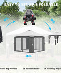 10x10 Pop Up Canopy Tent With Netting For Outdoor Parties Instant Setup Easy Setup Gazebo Height Adjustable Legs Wheeled Carry Bag Four Sand Bags No Fuss Quick Setup Ideal For Garden Patio Yard Gray with illustrated setup steps