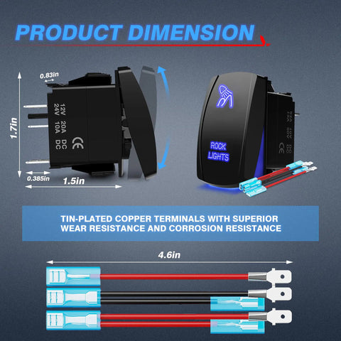 Blue Rock Lights Rocker Switch Kit With 5 Pin SPST On Off Toggle 20A 12V Blue LED Lights dimensions and jumper wires