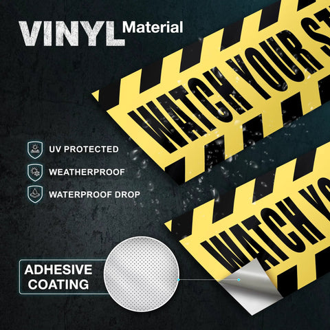 Watch Your Step Adhesive Vinyl Stickers Pack Two Count 10x3 Inch bright yellow black hazard sign, vinyl, waterproof