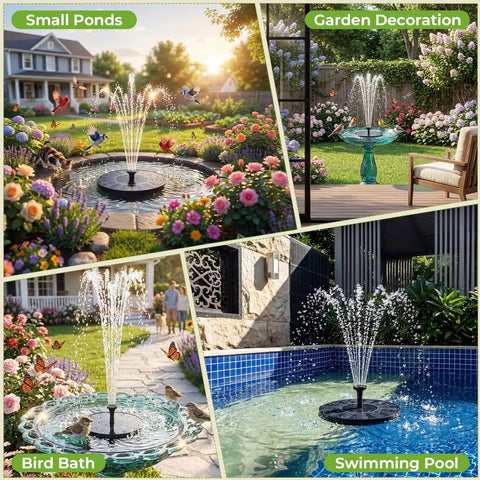 Solar Bird Bath Fountain With Six Nozzles Floating Water Pump Powered By Sun for bird bath, pond, garden, and pool without wiring