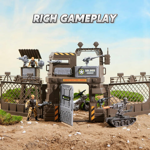 Ultimate Military Base Toys Set with towers, gates, motorcycle, action figures and tank turret in play environment.