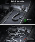 90W Fast USB C Car Charger With 3 Ports And 4ft Coiled Cable showcasing tidy and versatile setup in car interior.