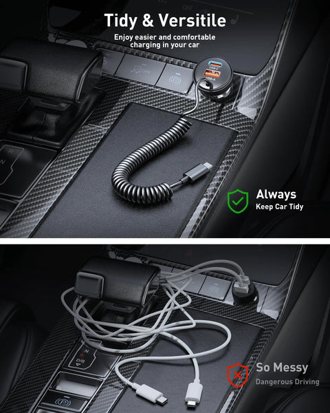 90W Fast USB C Car Charger With 3 Ports And 4ft Coiled Cable showcasing tidy and versatile setup in car interior.