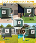 Movable 10x10x10 Ft Golf Cage With Ball Return Net And Wheels in various settings: garage, indoor, backyard, patio
