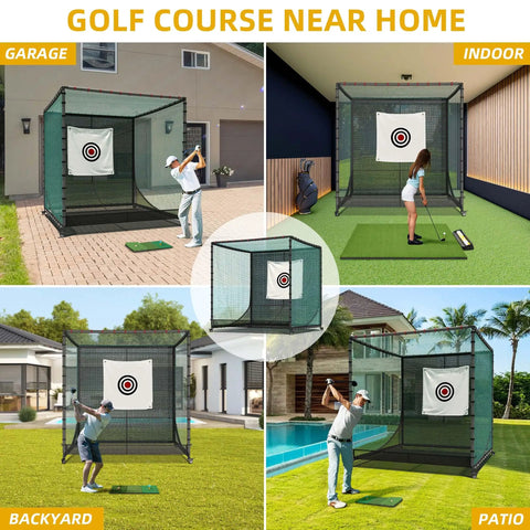Movable 10x10x10 Ft Golf Cage With Ball Return Net And Wheels in various settings: garage, indoor, backyard, patio