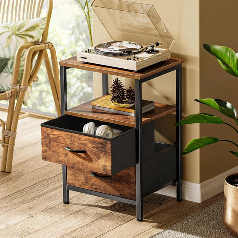 Two Drawer Nightstand Set With Open Shelf And Wooden Top Rustic Brown Bedside Table For Bedroom Fabric Drawer End Table