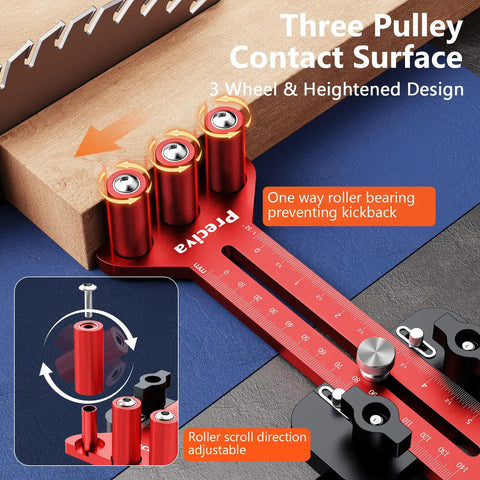 Top Grade Thin Rip Jig For Table Saw Featuring Adjustable Sliding Fence And Dual Laser Scale Guide For Dead Nuts Accurate Woodworking Cuts Down To 1 32 Inch Widths With Knockout Safety Performance, showing three pulley contact surface.