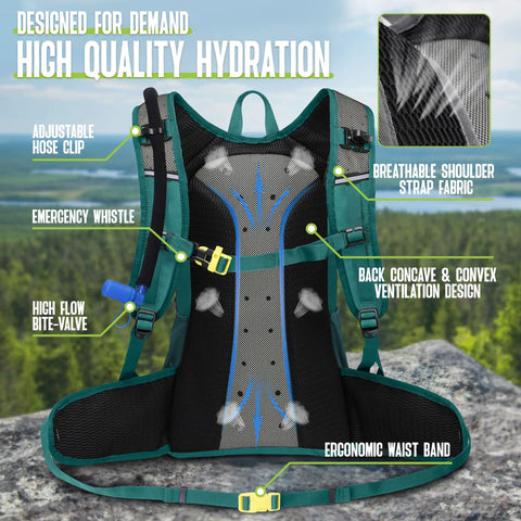 Hydration Backpack With 3L Water Bladder, 18L Multipurpose Hiking Pack For Outdoors shown with features labeled on back panel