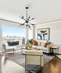 Etris Row 10-Light Sputnik Pendant Chandelier, Statement Piece With Adjustable Arms, Matte Black Finish in modern living room