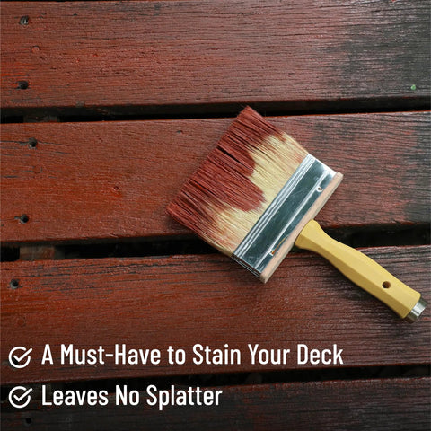 6 Inch Deck Stain Brush for Wood with a Wide Head and Dense Synthetic Bristles on a Stained Deck Surface