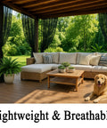 Outdoor seating area with Extra Wide Outdoor Curtains Waterproof Black Voile Mesh Screen Bug Netting for Patio, 2 panels shown.
