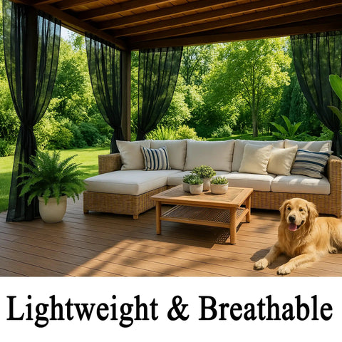 Outdoor seating area with Extra Wide Outdoor Curtains Waterproof Black Voile Mesh Screen Bug Netting for Patio, 2 panels shown.