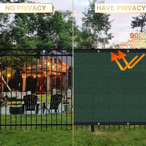 Privacy Fence Screen 6 Foot By 20 Foot Dope Windscreen Mesh showing 90% privacy on garden patio chain link fence with brass grommets
