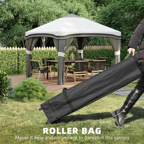 10x10 Pop Up Canopy Tent With Netting For Outdoor Parties Instant Setup Easy Setup Gazebo shown in garden with wheeled carry bag