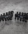 Impact Drill Nut Driver Set 20 Piece One Quarter Inch Hex Nut Driver Bits displayed on a concrete surface with sizes visible.
