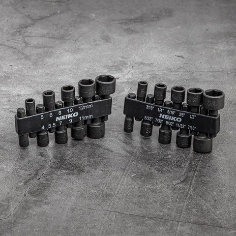 Impact Drill Nut Driver Set 20 Piece One Quarter Inch Hex Nut Driver Bits displayed on a concrete surface with sizes visible.