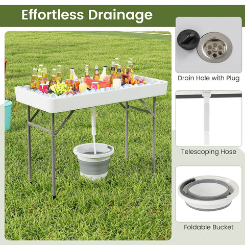 Portable Folding Ice Cooler Table With Drain And Satin Skirt Matching Foldable Bucket Bev Station For Parties Picnics And Camping Four Foot Party Ready Ice Table showcasing drainage system with bucket